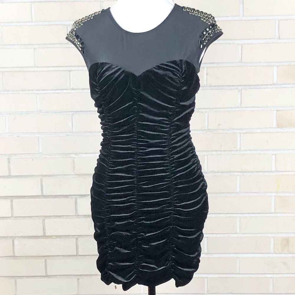 Bebe Black Velvet Bodycon Mini Dress Rhinestones